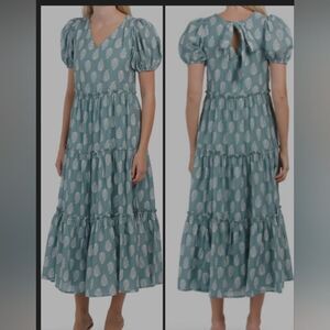 Lucky brand short puff sleeve V neck Tiered Tie Back maxi dress size M